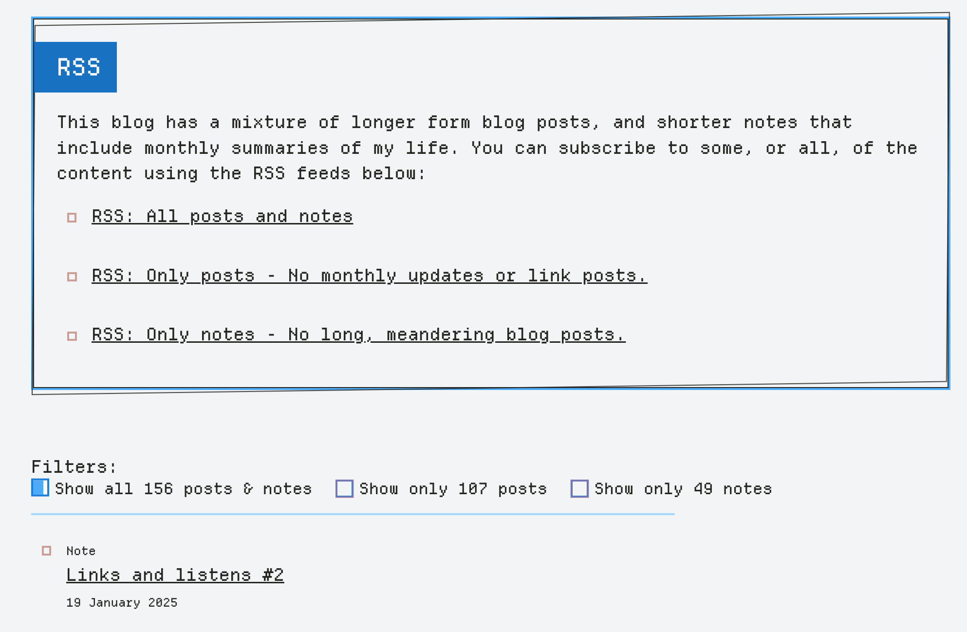 A screenshot of the writing page of this website showing the 'show all posts and notes', 'show only posts', and 'show only posts' filters.