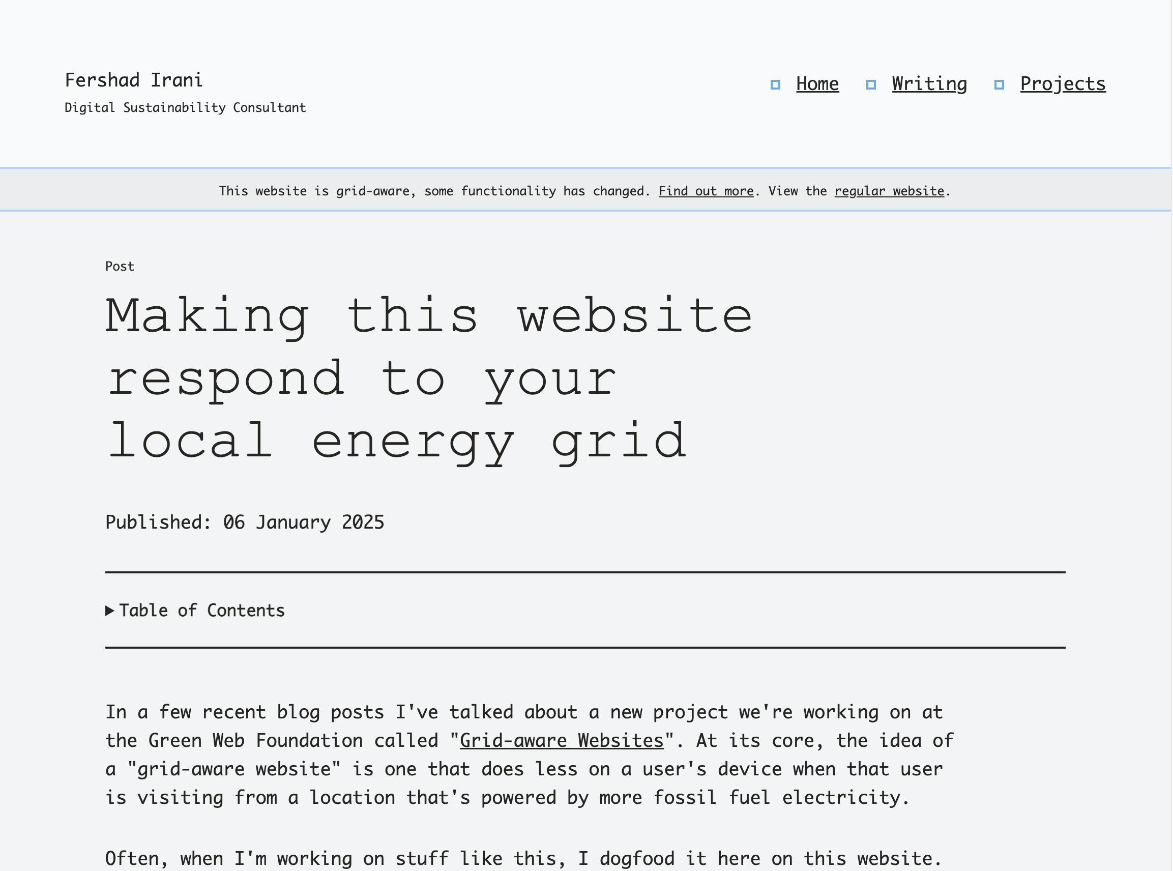 A screenshot of this website showing text in a monospace font and a notice banner under the header section of the page.