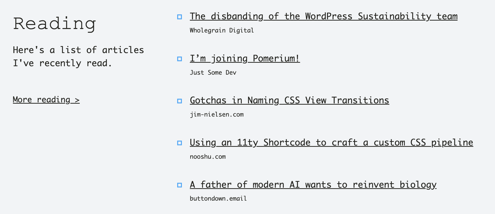 A screenshot of the reading section on the homepage. A list of articles is on the right, with a section title 'Reading' and a timestamp showing when the content was last updated on the left.