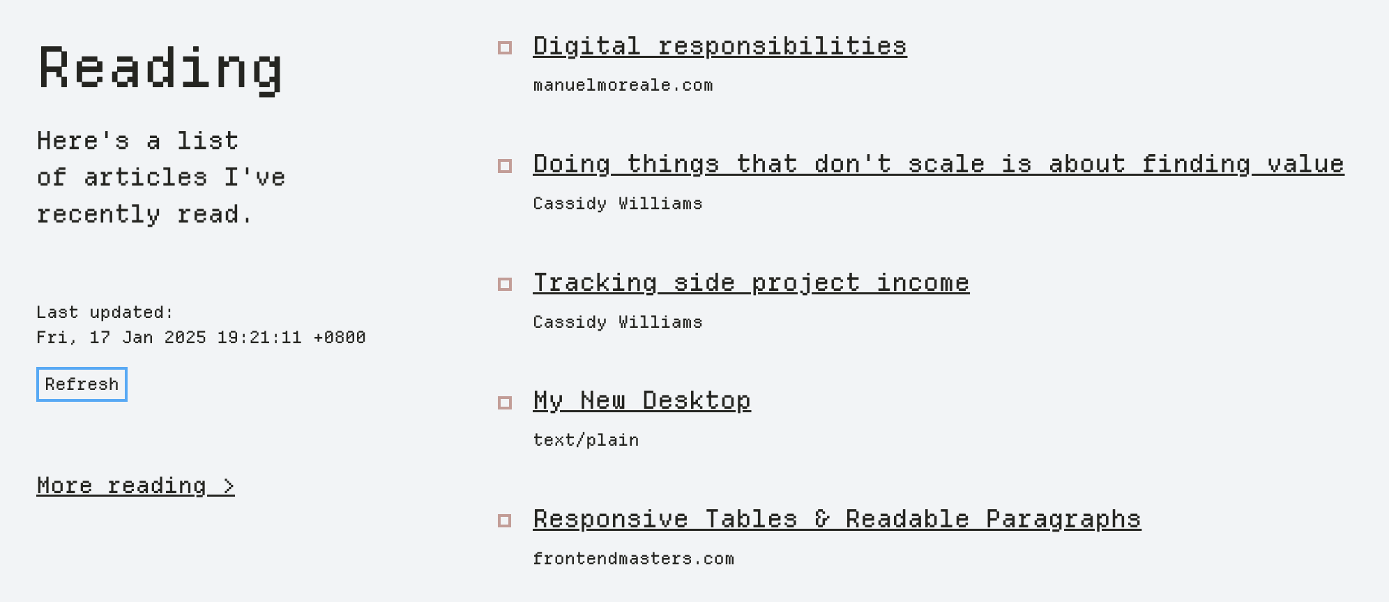 A screenshot of the reading section on the homepage. A list of articles is on the right, with a section title 'Reading' and a 'refresh' button on the left. There's a timestamp showing when the content was last updated.