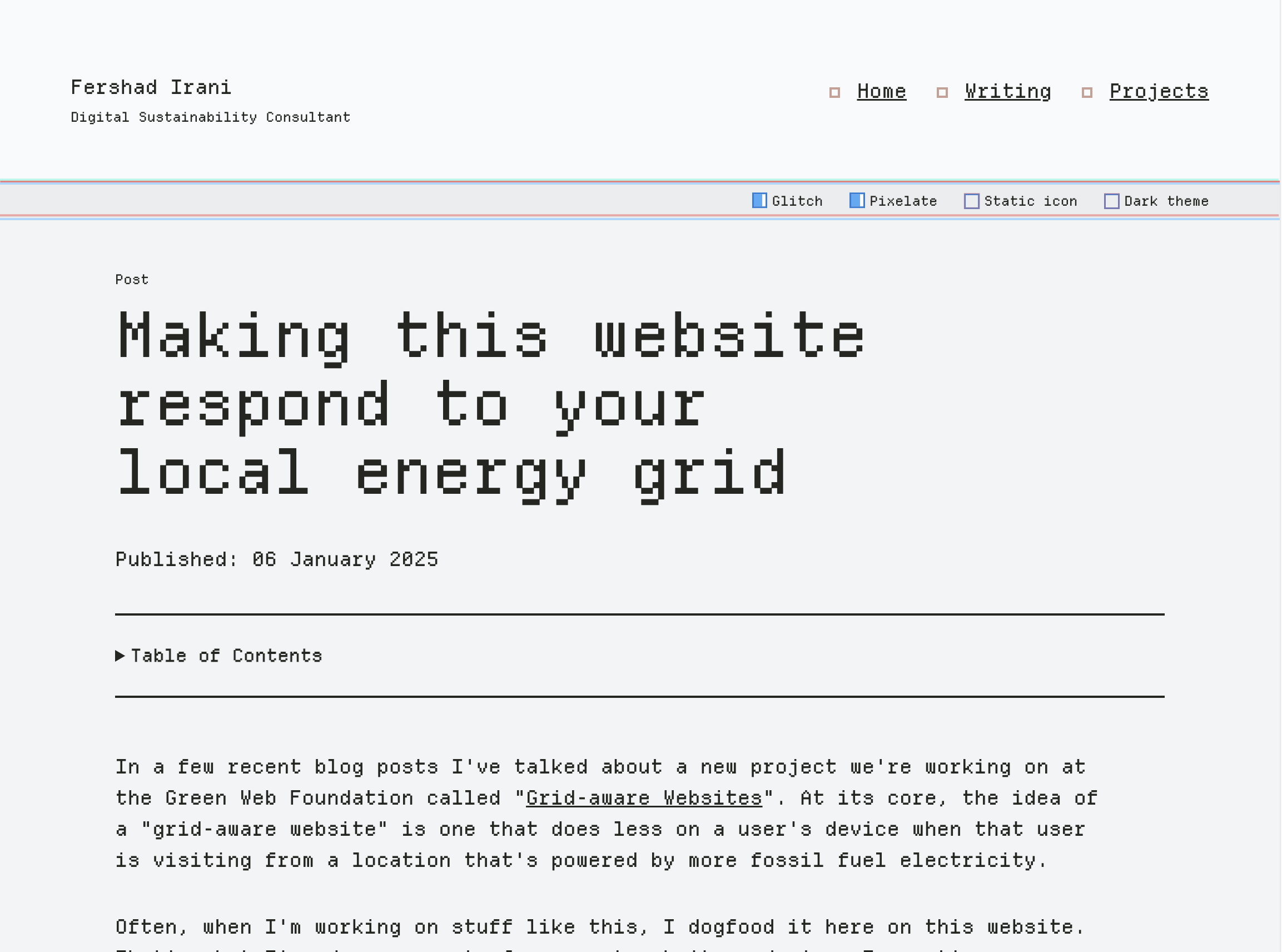 A screenshot of this website showing pixelated text and a user controls bar under the header section of the page.