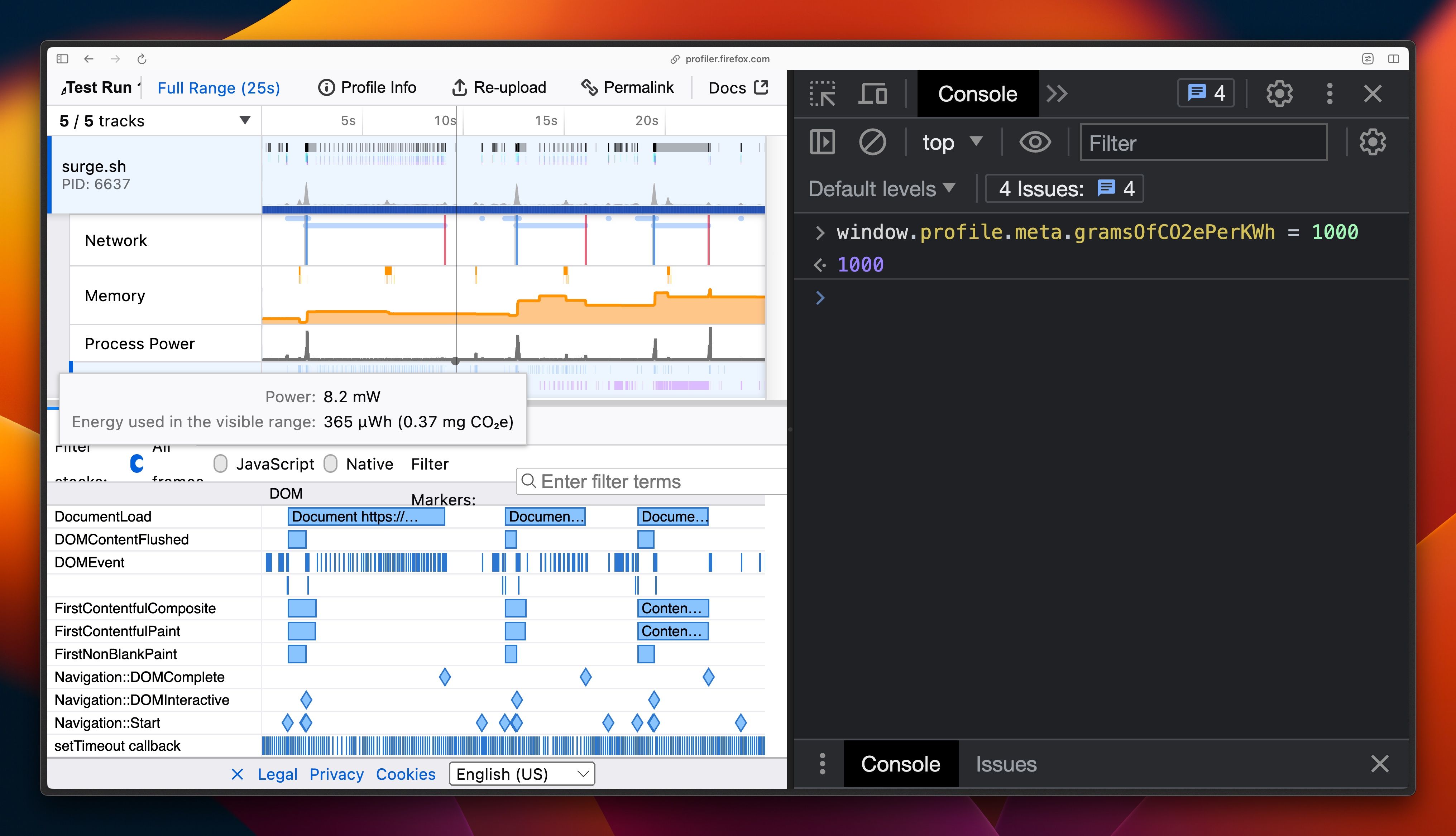 Screenshot showing the browser console open, with a command to change the grid intensity of the Firefox Profiler. One the left of the screen, a Profile is open showing the power and CO2e values.