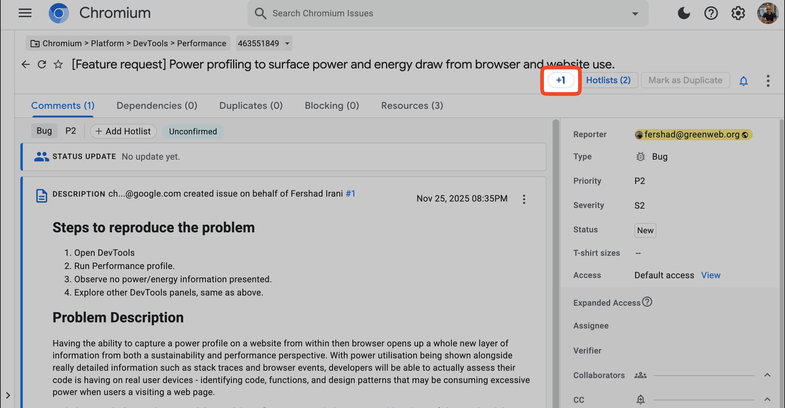 A screenshot of an issue on the crbug website, with the +1 button highlighted and the rest of the content greyed out.