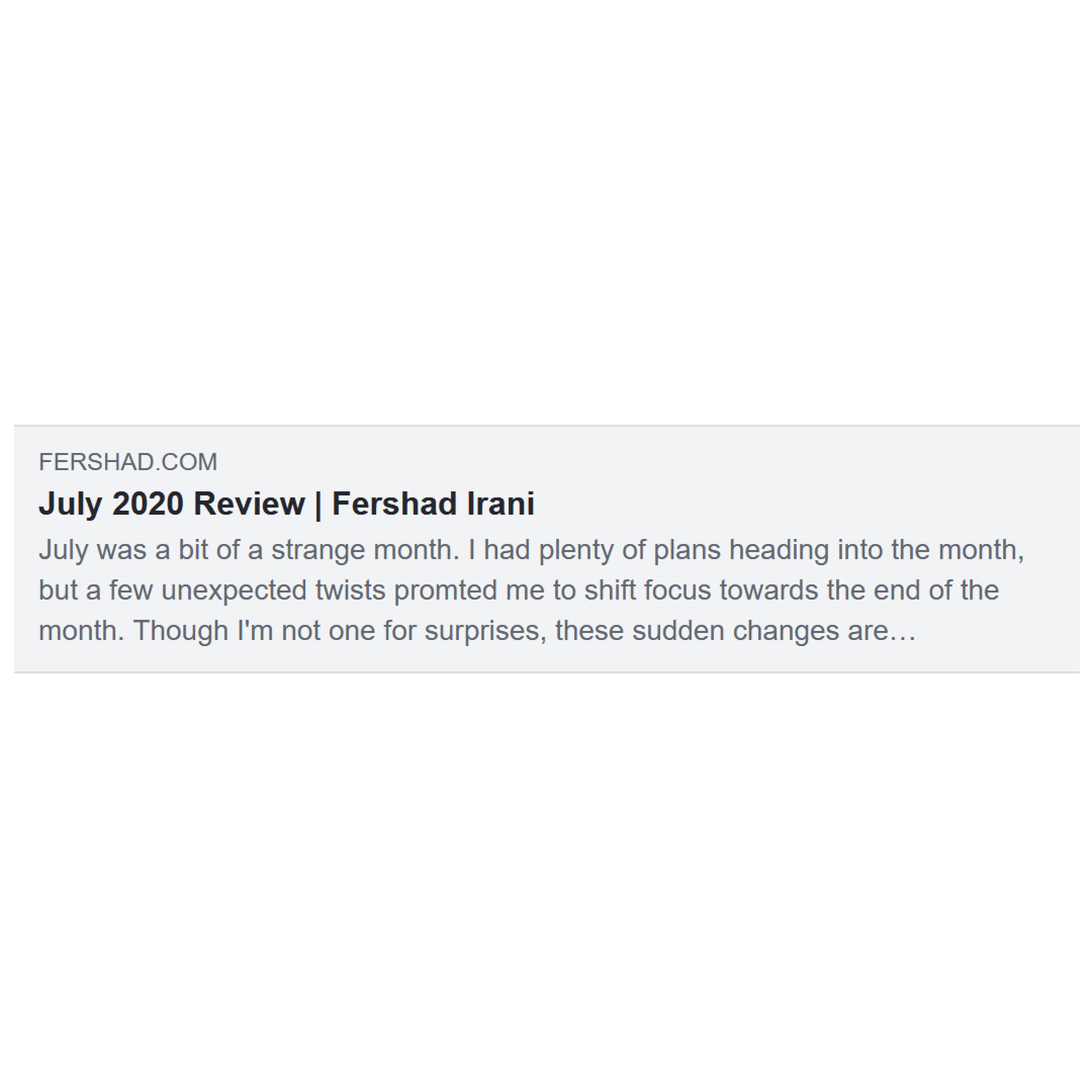 Screenshot of Facebook Sharing Debugger preview for July 2020 Review blog post without OG tags.