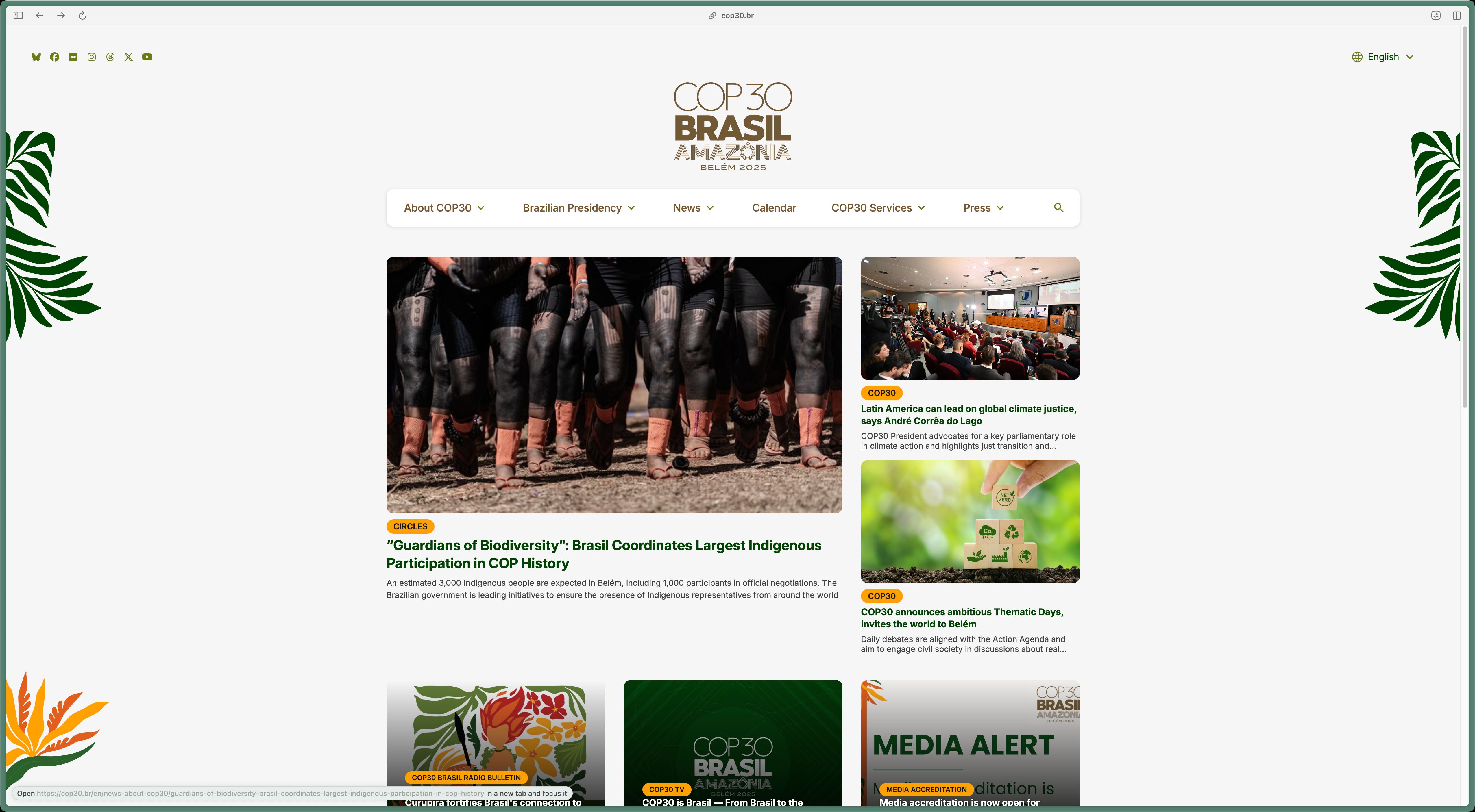 A screenshot of the COP30 English homepage showing the heading "COP30 Brasil Amazonia Belem 2025" with various news articles shown with images below.