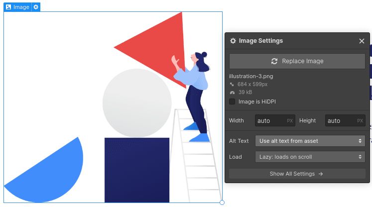 Webflow's image settings interface.