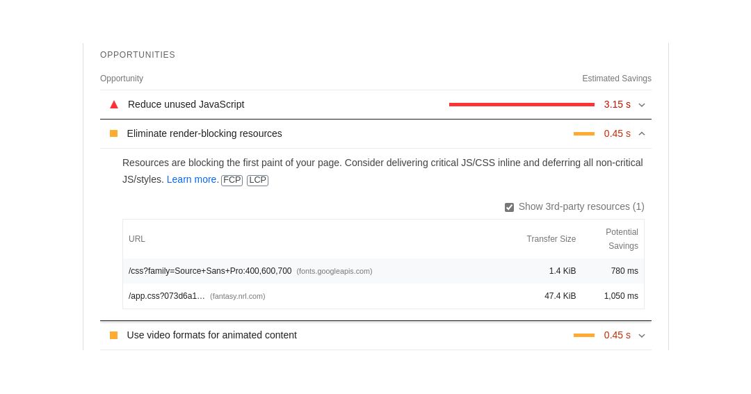 PageSpeed Insights highlighting render-blocking resources