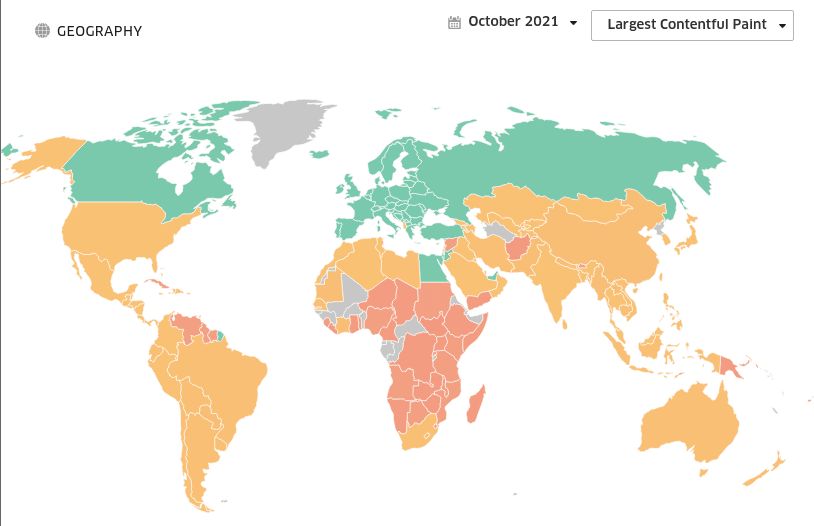World map showing BBC.co.uk LCP performance globally.