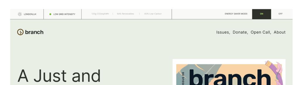 An website screenshot with a narrow bar at the top of the page divided into a few sections - location, grid intensity level, grid intensity data, and an energy saver mode switch.