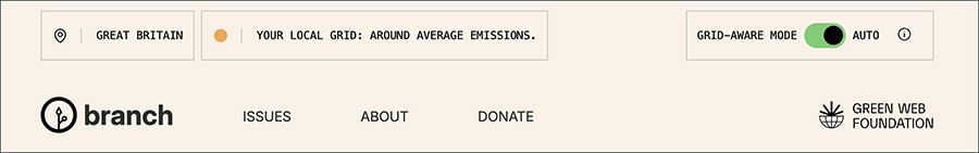 A screenshot showing the top of the Branch website. Above the main navigation are three boxes spread across the screen - two on the left show information about the location and grid intensity level, while on the right has a toggle with "grid-aware mode" set to "auto".